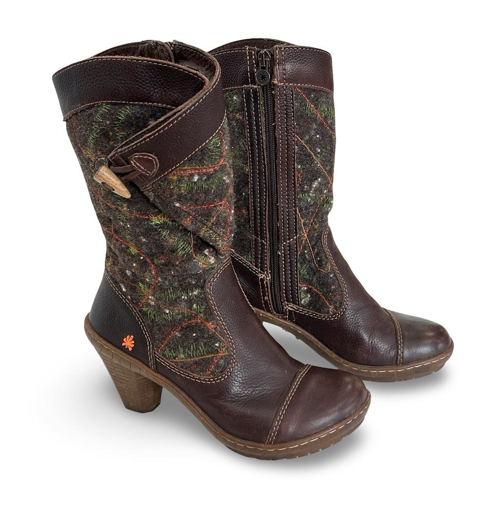 The Art Company Mid Boots Size 37 US 6.5 -7 Brown Leather Embroidered Wool Shaft